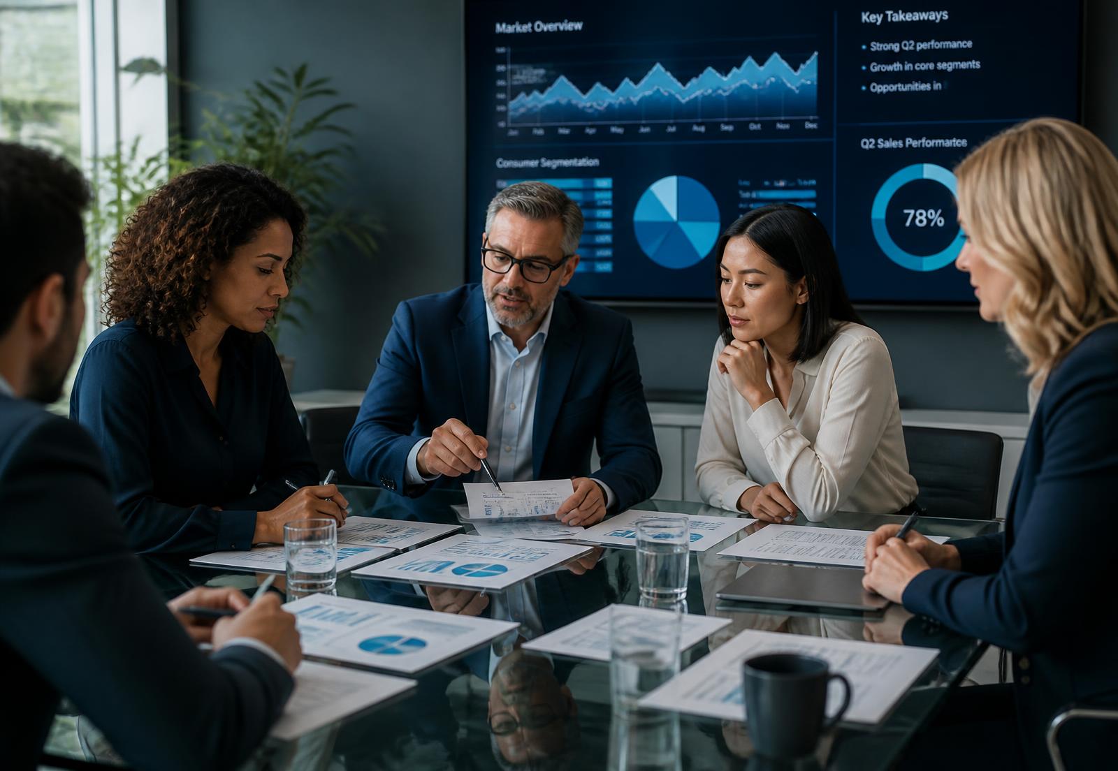 Research consultants reviewing market data and consumer segmentation charts